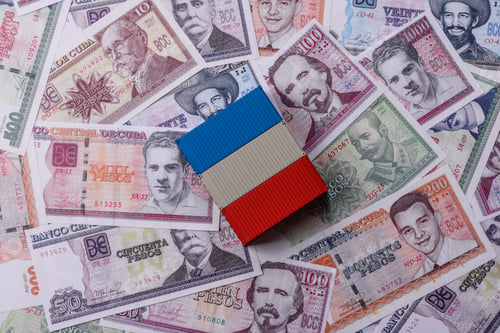 Preview: Cargo containers on the Cuba flag as a conceptual backdrop for goods export. Cargo containers