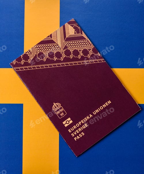 Preview: Sweden, swedish passport or id document with tickets for flight, travel. Swedish passport