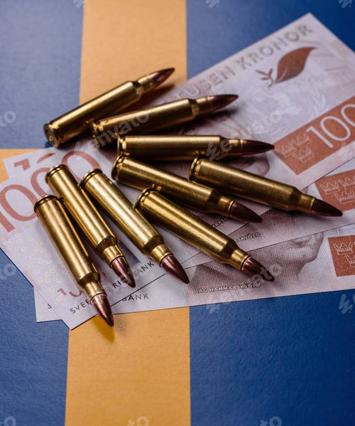 Preview: Assault rifle cartridges on the Sweden flag, serving as a conceptual backdrop