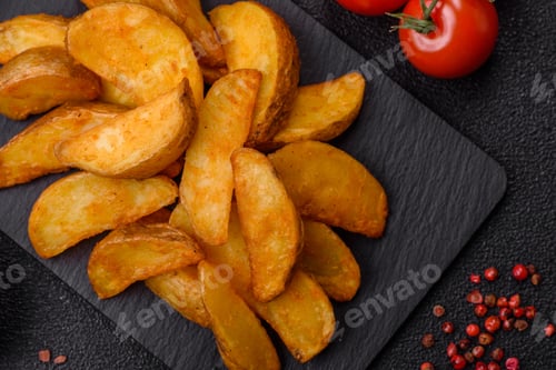 Preview: Potato wedges baked with garlic, herbs, and spices for lunch. Potato wedges