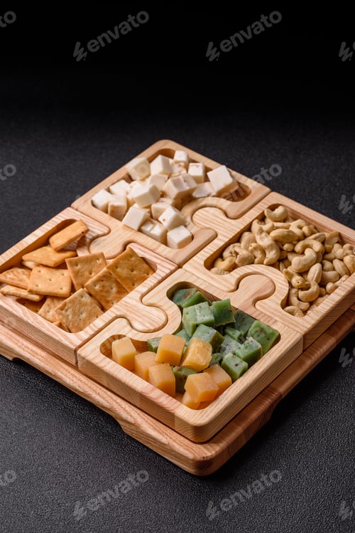 Preview: A tray with cubes of mozzarella, and Parmesan cheese, nuts, and crackers. Cheese, crackers, and nuts
