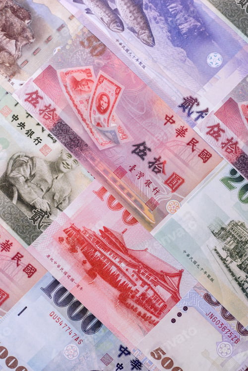Preview: Taiwan, Taiwanese paper banknotes and coins, dollars of various denominations. Taiwanese dollars