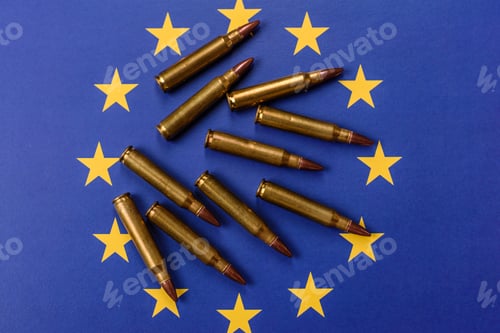 Preview: Assault rifle cartridges on the European Union flag, serving as a conceptual backdrop