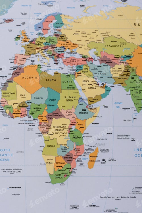 Preview: A global world map as a backdrop for themes of trips, travel, hiking, or relocation. A world map