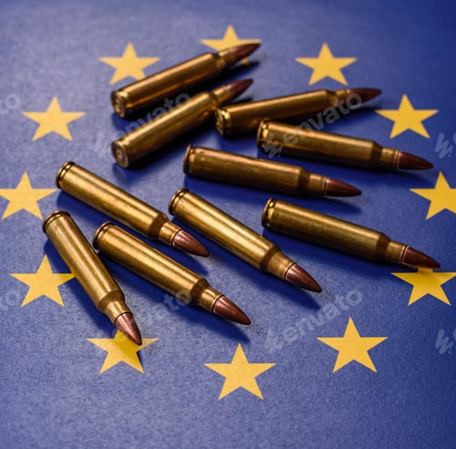 Preview: Assault rifle cartridges on the European Union flag, serving as a conceptual backdrop