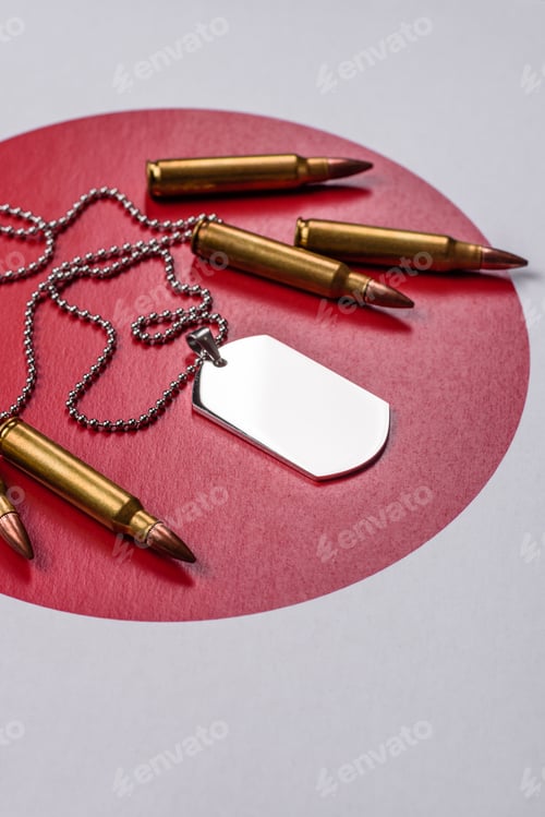 Preview: A dog tag on the Japanese flag, serving as a conceptual backdrop representing defense