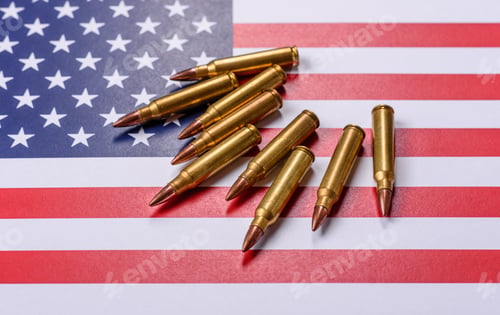 Preview: Assault rifle cartridges on the US flag, serving as a conceptual backdrop for defense