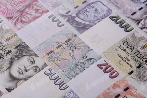 Preview: Czech paper money, koruna or crown, in various denominations for financial exchange. Czech koruna