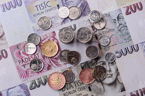 Preview: Czech paper money, koruna or crown, in various denominations for financial exchange. Czech koruna