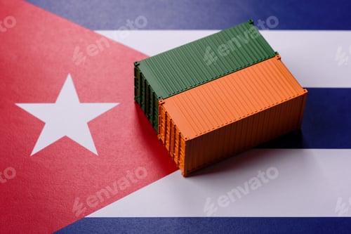 Preview: Cargo containers on the Cuba flag as a conceptual backdrop for goods export. Cargo containers