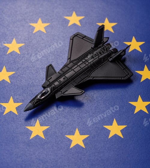 Preview: A fighter jet on the European Union flag as a conceptual backdrop representing Europe's defense
