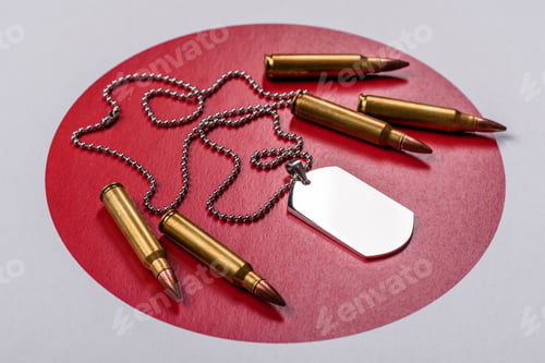 Preview: A dog tag on the Japanese flag, serving as a conceptual backdrop representing defense
