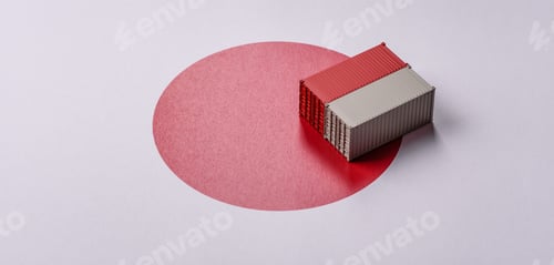 Preview: Cargo containers on the japanese flag as a conceptual backdrop. Cargo containers