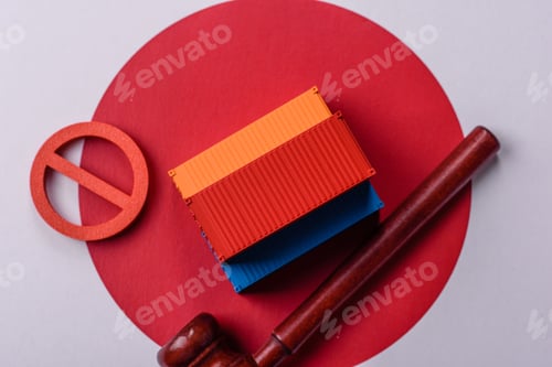 Preview: The cargo container ban on the japanese flag as a conceptual backdrop. The cargo container embargo
