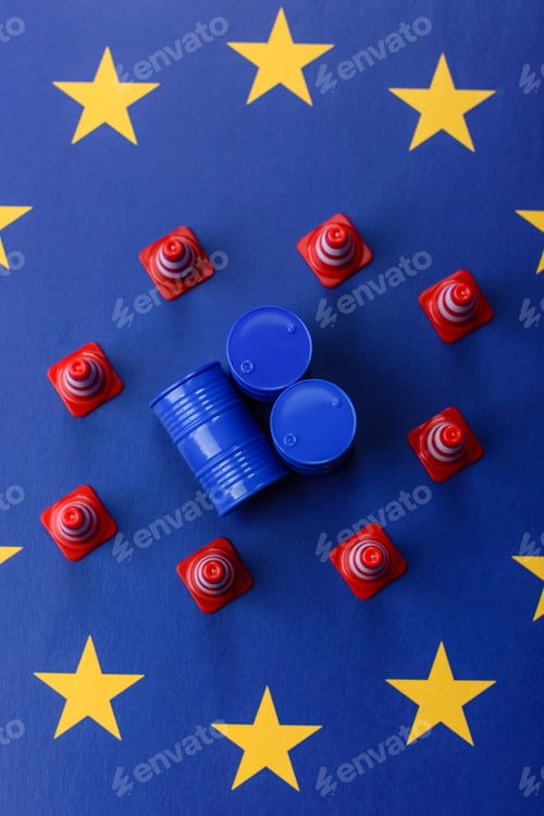 Preview: The cargo container ban on the EU flag as a conceptual backdrop . The cargo container embargo