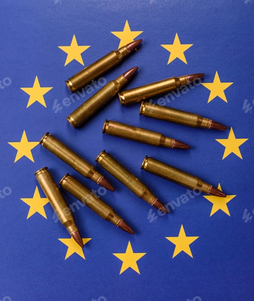 Preview: Assault rifle cartridges on the European Union flag, serving as a conceptual backdrop