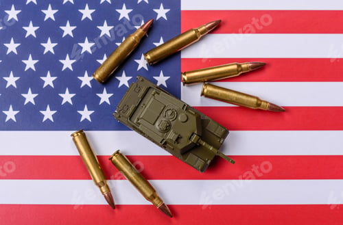 Preview: A tank on the US flag as a conceptual backdrop representing defense and preparation against attack