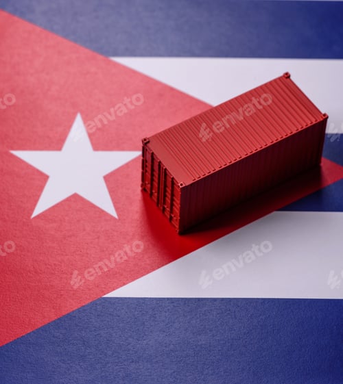 Preview: Cargo containers on the Cuba flag as a conceptual backdrop for goods export. Cargo containers