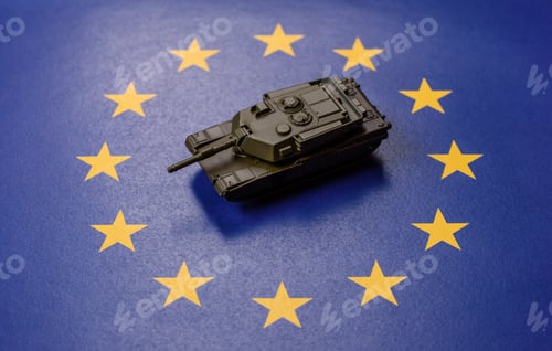 Preview: A tank on the European Union flag as a conceptual backdrop representing Europe's defense