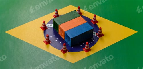 Preview: The cargo container ban on the brazil flag as a conceptual backdrop. Cargo container embargo