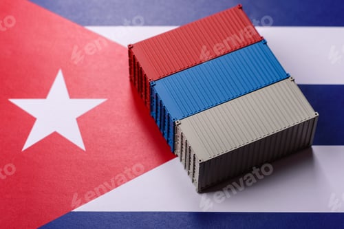 Preview: Cargo containers on the Cuba flag as a conceptual backdrop for goods export. Cargo containers