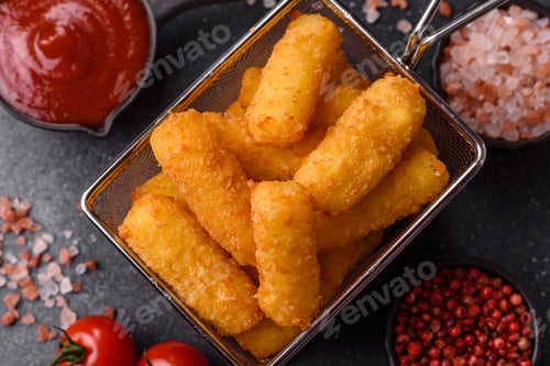 Preview: Mozzarella cheese sticks, breaded and fried with salt and tomato sauce, for takeaway. Cheese sticks