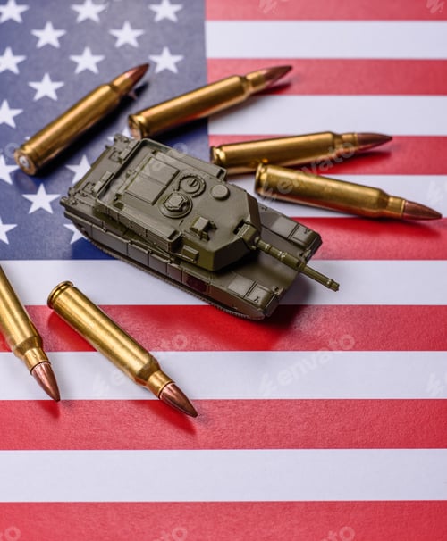 Preview: A tank on the US flag as a conceptual backdrop representing defense and preparation against attack