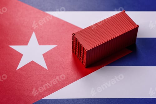Preview: Cargo containers on the Cuba flag as a conceptual backdrop for goods export. Cargo containers