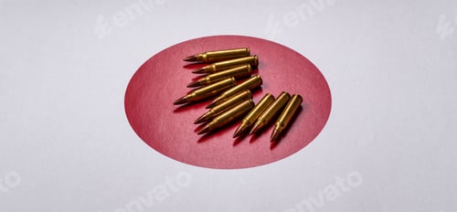 Preview: Assault rifle cartridges on the Japanese flag, serving as a conceptual backdrop for defense