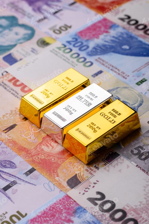 Preview: Gold and silver bullion or ingots as metals for bank storage, investments. Gold and silver bars