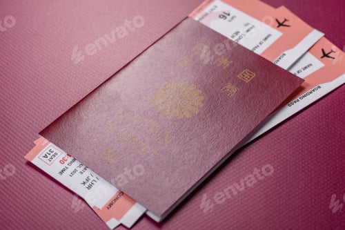 Preview: Japanese passport or id document with tickets for flight, travel, border crossing. Japan passport