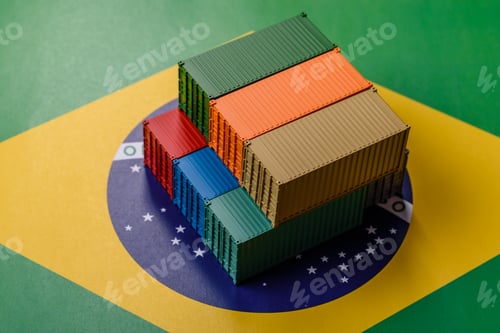Preview: Cargo containers on the brazil flag as a conceptual backdrop for goods export. Cargo containers