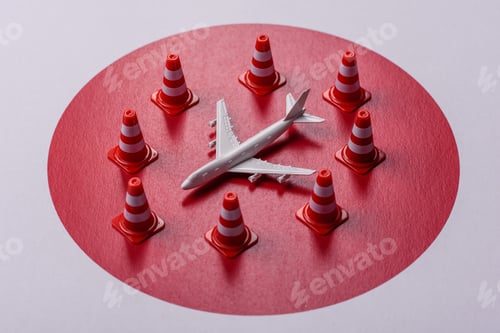 Preview: A mock up of airplane surrounded by no fly signs on a japanese flag
