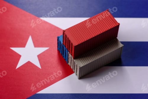 Preview: Cargo containers on the Cuba flag as a conceptual backdrop for goods export. Cargo containers