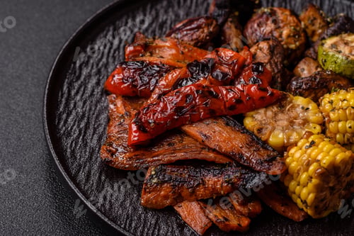 Preview: Vegetables such as corn, bell peppers, zucchini, and grilled mushrooms. Grilled vegetables