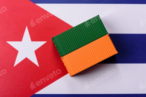 Preview: Cargo containers on the Cuba flag as a conceptual backdrop for goods export. Cargo containers