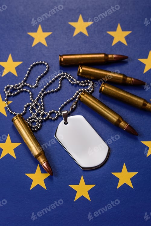 Preview: A dog tag on the European Union flag, serving as a conceptual backdrop