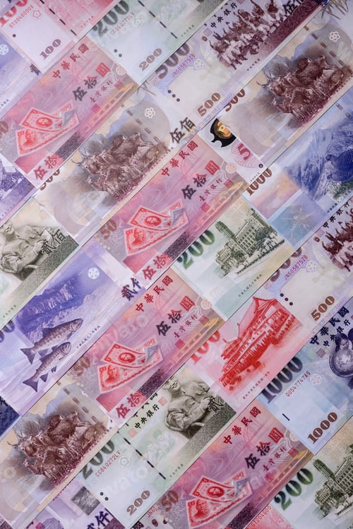 Preview: Taiwan, Taiwanese paper banknotes and coins, dollars of various denominations. Taiwanese dollars