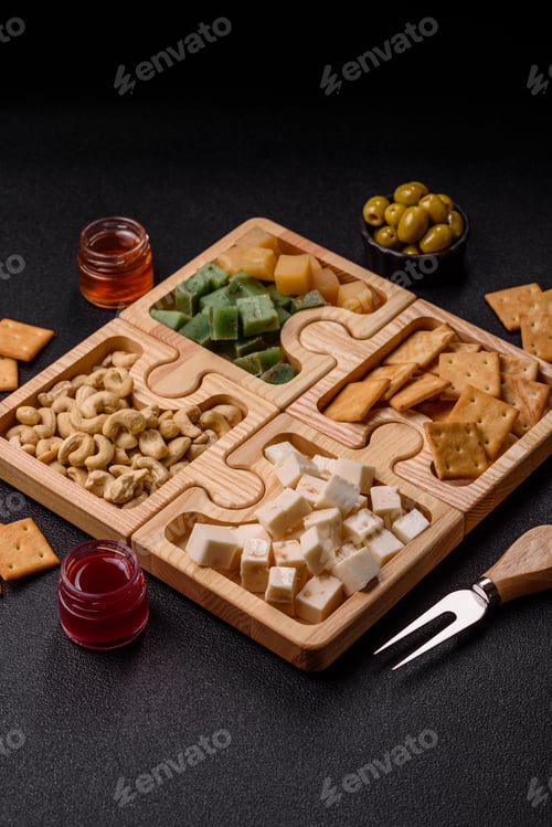Preview: A tray with cubes of mozzarella, and Parmesan cheese, nuts, and crackers. Cheese, crackers, and nuts