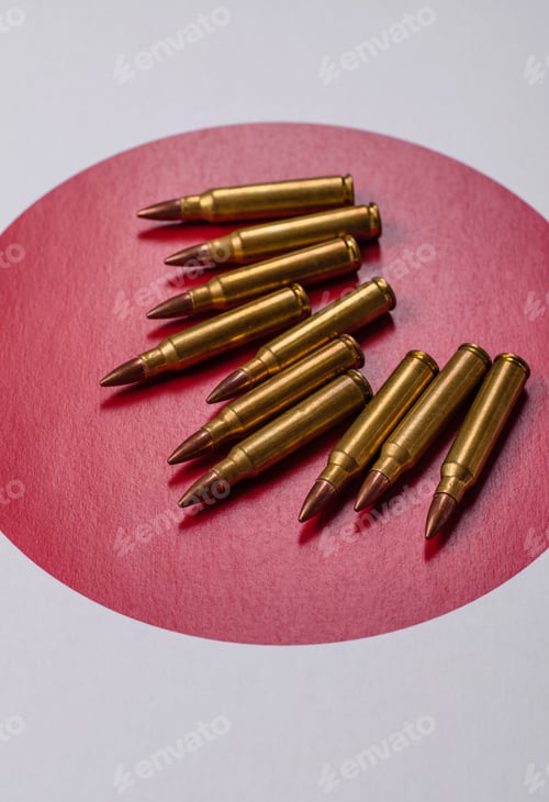 Preview: Assault rifle cartridges on the Japanese flag, serving as a conceptual backdrop for defense