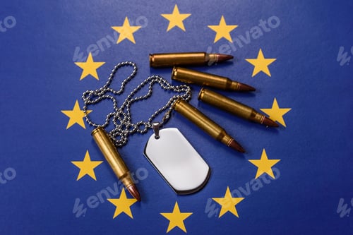 Preview: A dog tag on the European Union flag, serving as a conceptual backdrop