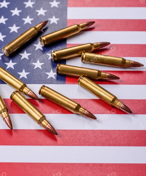 Preview: Assault rifle cartridges on the US flag, serving as a conceptual backdrop for defense