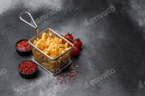 Preview: Golden French fries fried with salt and spices, unhealthy takeaway food. French fries