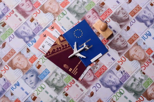 Preview: Sweden, swedish passport or id document with tickets for flight, travel. Swedish passport