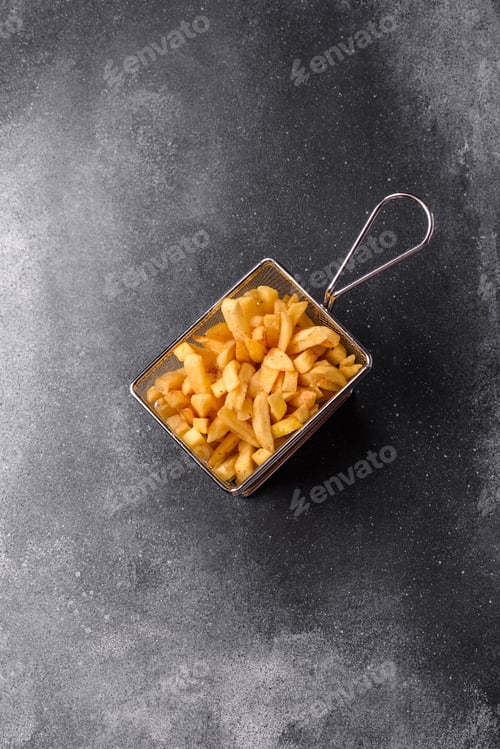 Preview: Golden French fries fried with salt and spices, unhealthy takeaway food. French fries