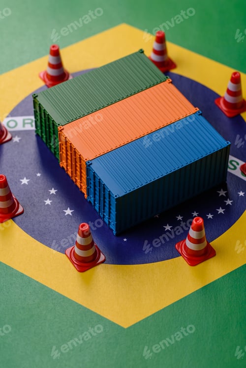 Preview: The cargo container ban on the brazil flag as a conceptual backdrop. Cargo container embargo