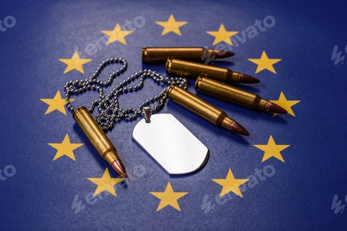 Preview: A dog tag on the European Union flag, serving as a conceptual backdrop