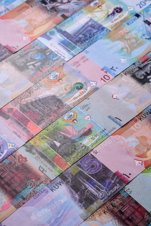Preview: Kuwait paper money, dinar banknotes as currency for exchange or travel. Kuwaiti money