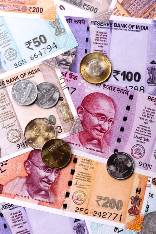 Preview: Indian paper currency, rupees, for financial transactions and exchange. Indian rupee currency