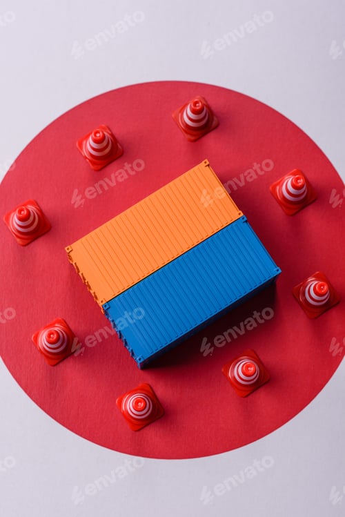 Preview: The cargo container ban on the japanese flag as a conceptual backdrop. The cargo container embargo